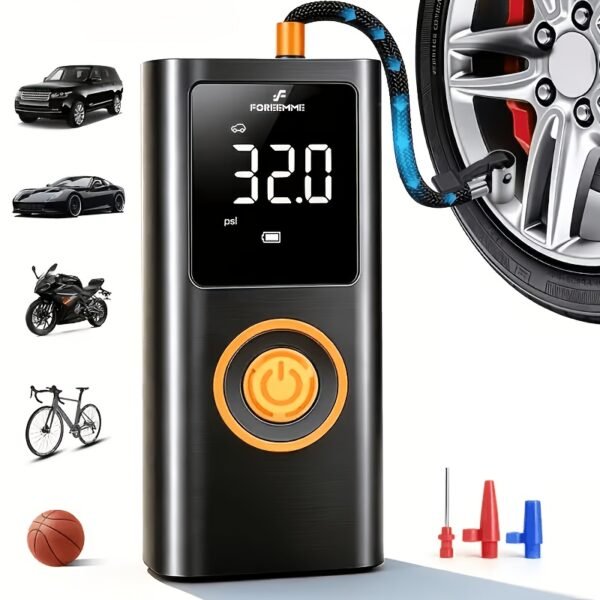 Portable Cordless Tire Inflator with Digital Gauge & LED Light, USB- Rechargeable Fast Air Compressor Suitable for Cars, Bikes, Motorcycles, Sports Equipment, USB- Air Pump for Car Tires, Tires, Emergency Inflation Device
