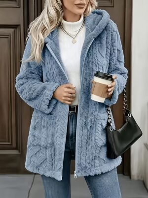 product-fancy-60bc82cd-bf43-4647-a295-9878847774ad Solid Color Double-Sided Plush Zip-Up Hooded Cardigan Women's Casual Mid-Length Plush Coat for Autumn and Winter