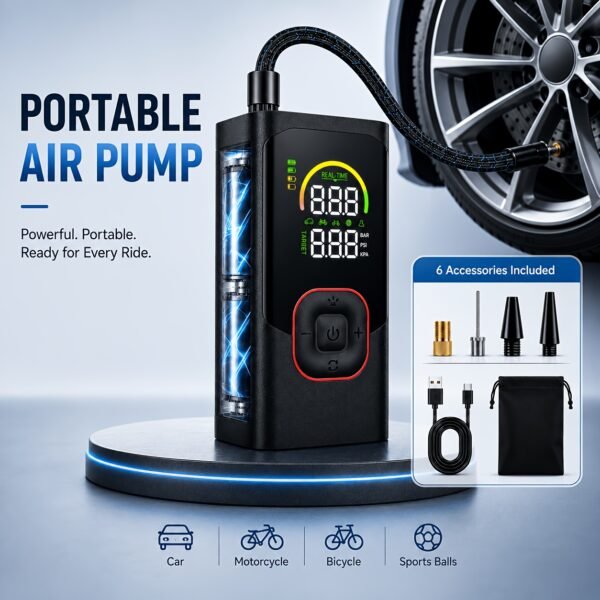 Portable Wireless Tire Inflator, 150PSI High-Pressure Air Compressor, 3x Faster Inflation, Digital Tire Pressure Display, 2000mAh X 2 High-Capacity Batteries, Auto-Stop When Full, Built-in LED Light, Multi-Function Inflation Nozzle