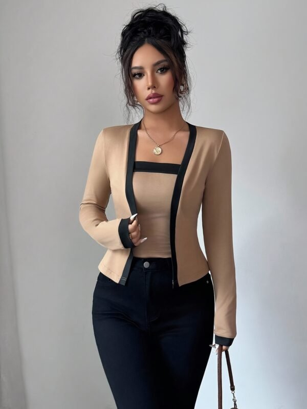 A Two-Piece Set for Women Featuring an Elegant And Stylish Color-Block Cardigan Paired with a Strapless Top