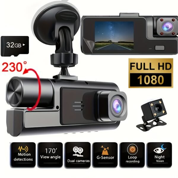 1080P Triple Camera Dash Cam, Car Camera with IR Night Vision, 170° Wide Angle Car DVR Camera, 16GB/32GB TF Card Optional, Loop Recording, G-Sensor | 2-Inch IPS Screen Dual Lens Car Dashboard Video Cam, 24H Parking Mode, Christmas Gift