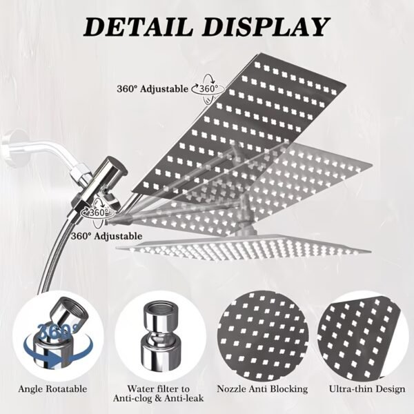 Shower Head, High Pressure Rainfall/Handheld Shower Combo With Extension Arm, 9 Settings, Anti-Leak Shower Head With Holder, Height/Angle Adjustable, Chrome, Matte Black