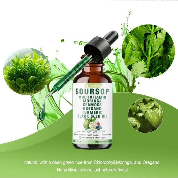 10-in-1 Soursop Graviola Liquid Drops 60ml (2fl.oz) - 1800mg Extra Strength Formula with Sea Moss, Moringa, Ashwagandha & Black Seed Oil - High Absorption Natural Herbal Extract
