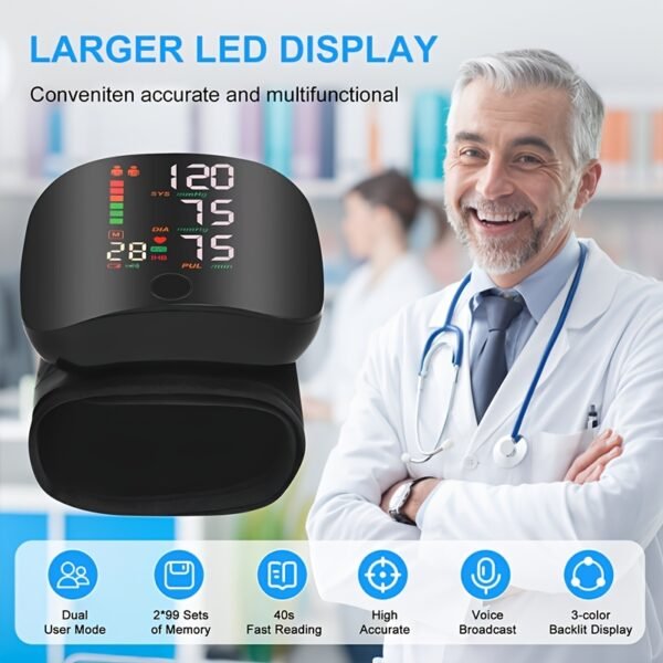 Automatic wrist blood pressure monitor, featuring an adjustable cuff, heart rate monitoring, irregular heartbeat alerts and a built-in rechargeable lithium battery. Suitable for blood pressure management in patients with hypertension.