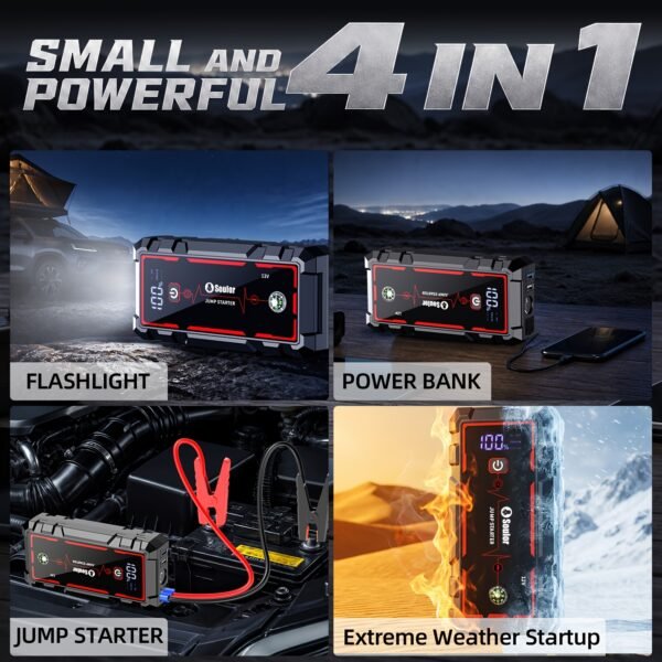 Soulor Car Jump Starter, 3000A to 6000A Portable Starter Power Supply, 2-In-1 Inflatable for All-In-One Multi-Functional Upgraded Version, 12V Quick Start Car, Suitable for All Cars, LED Emergency Lights, Compass, USB Input/Output