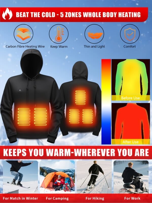 Men'S 5-Zone Heated Hooded Sweatshirt & Suit, Heated Coat, Heated Hoodie, Heated Vest Men, Mens Hoodies, Winter Coats For Men, Winter Gear, Heated Clothes, Heated Sweatshirt, Heating Coat, Winter Camping, Heating Vest, Heated Suit, Heating Clothes