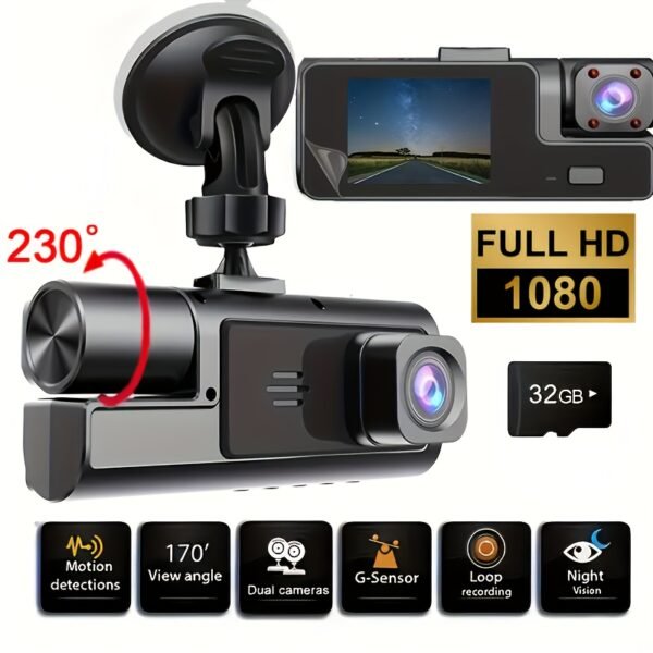 1080P Triple Camera Dash Cam, Car Camera with IR Night Vision, 170° Wide Angle Car DVR Camera, 16GB/32GB TF Card Optional, Loop Recording, G-Sensor | 2-Inch IPS Screen Dual Lens Car Dashboard Video Cam, 24H Parking Mode, Christmas Gift