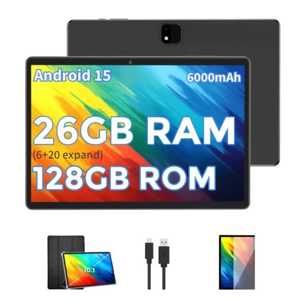26GB (6+20) RAM And 128GB ROM New Tablet PC, 1TB SD Expansion, 1280X800 HD IPS, GMS, Wi-Fi Connectivity, 10.1-Inch Android 15 Tablet (No Adapter), Optional: Tablet And Stand Case Or Tablet And Keyboard Set, Perfect for Holiday/Birthday Gifts, 2026