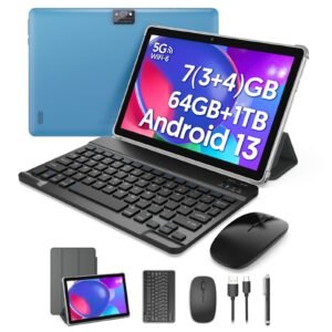 Android 13 2-in-1 Tablet with Keyboard, 4 Core Processor, 10.1 Inch, 7(3+4)GB RAM+64GB ROM, 1TB Expandable Storage, 6000mAh Battery, 5G WiFi 6, 2MP+8MP Dual Camera, 1280 * 800 FHD IPS Screen, Comes with Keyboard, Case, Stylus, And Pen.Stylus Without Electricity