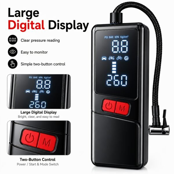 12000APortable Wireless Car Air Compressor Inflator Hand Pump with LED Lighting, Suitable for Cars/motorcycles/bicycles