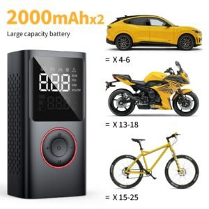 Portable Wireless Tire Inflator, 150PSI High-Pressure Air Compressor, 3x Faster Inflation, Digital Tire Pressure Display, 2000mAh X 2 High-Capacity Batteries, Auto-Stop When Full, Built-in LED Light, Multi-Function Inflation Nozzle