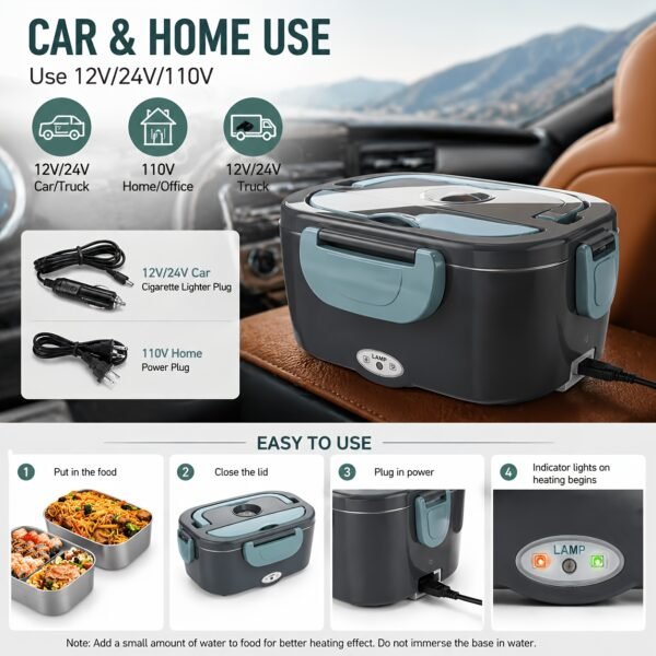 Portable Lunch Box - Dual Voltage Food Warmer (DC12-24V Car/AC120V Home) Equipped with Food Partition 54.1oz Lunch Box And Insulation Bag | 20Minutes Quick Heating, Suitable for Office And Business Travel, for Chrismas Gifts