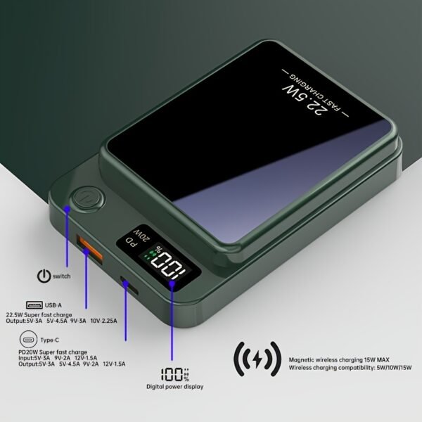 Magnetic Wireless Charging Power Bank, 5000/10000mAh Battery 15W Fast Wireless Charging 22.5W PD Fast Charging Power Bank, 2 Outputs And Dual Input External Battery Pack for Ios 16/15/14/13/12/11 And Other Android Universal