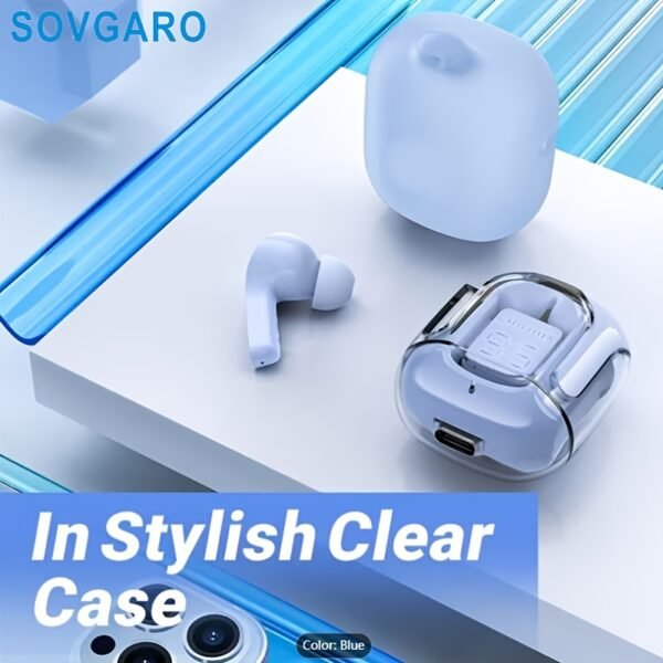 Wireless Earbuds 5.3, 24-Hour Battery Life, LED Power Display Transparent Charging Case, Cute Light Blue In-Ear Headphones, Suitable for Women And Girls, Ideal for Sports, Travel, And More, Compatible with Iphone And Android Devices