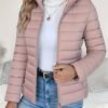 Women's Spring Slim-Fit Lightweight Warm Solid Color Jacket - Elegant, Stylish, and Versatile Beautiful Jacket - Stand Collar Zipper Long Sleeve - Casual Padded Polyester Fiber Cropped Coat - Seasonal Transition Jacket - High-Quality Classic Popular