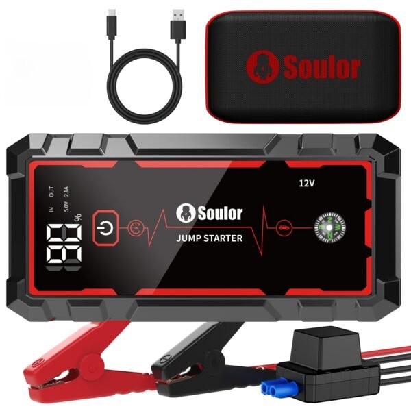 Soulor Car Jump Starter, 3000A to 6000A Portable Starter Power Supply, 2-In-1 Inflatable for All-In-One Multi-Functional Upgraded Version, 12V Quick Start Car, Suitable for All Cars, LED Emergency Lights, Compass, USB Input/Output