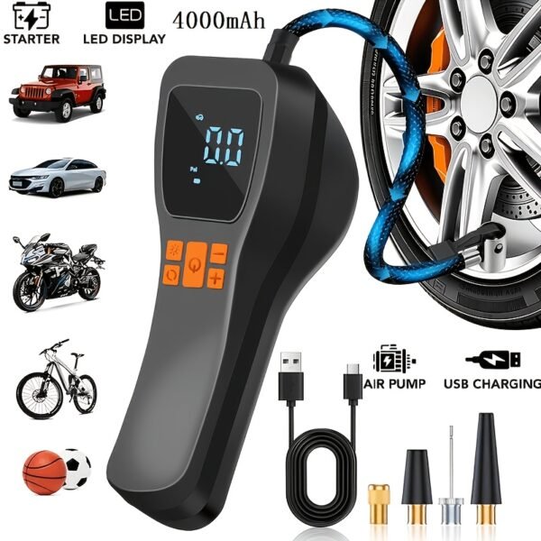 Portable Cordless Tire Inflator with Digital Gauge & LED Light, USB- Rechargeable Fast Air Compressor Suitable for Cars, Bikes, Motorcycles, Sports Equipment, USB- Air Pump for Car Tires, Tires, Emergency Inflation Device