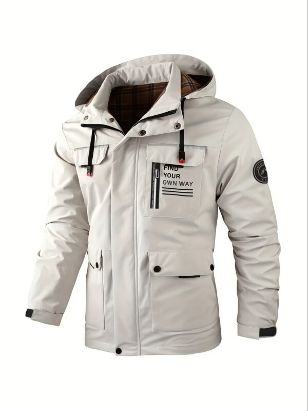 product-fancy-9c0d9b4f-5640-43c2-a135-484f81a4961a-3 New Men's Multi-Pocket Cargo Jacket, Men's Outdoor Windbreaker, Sporty Style, College Style, Vintage Style Outdoor Jacket, Elegant Spring and Autumn Front Placket Snap Button Design, High Quality Zipper, Luminous Strip Decoration, Checkered Print