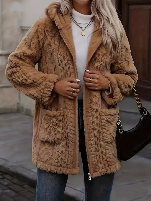 Solid Color Double-Sided Plush Zip-Up Hooded Cardigan Women's Casual Mid-Length Plush Coat for Autumn and Winter