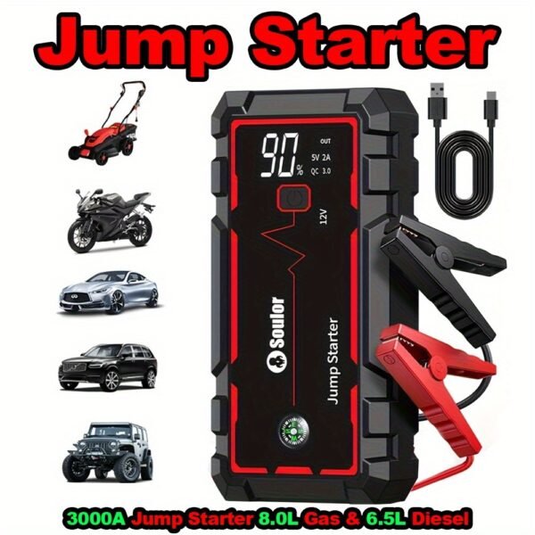 Soulor Car Jump Starter, 3000A to 6000A Portable Starter Power Supply, 2-In-1 Inflatable for All-In-One Multi-Functional Upgraded Version, 12V Quick Start Car, Suitable for All Cars, LED Emergency Lights, Compass, USB Input/Output