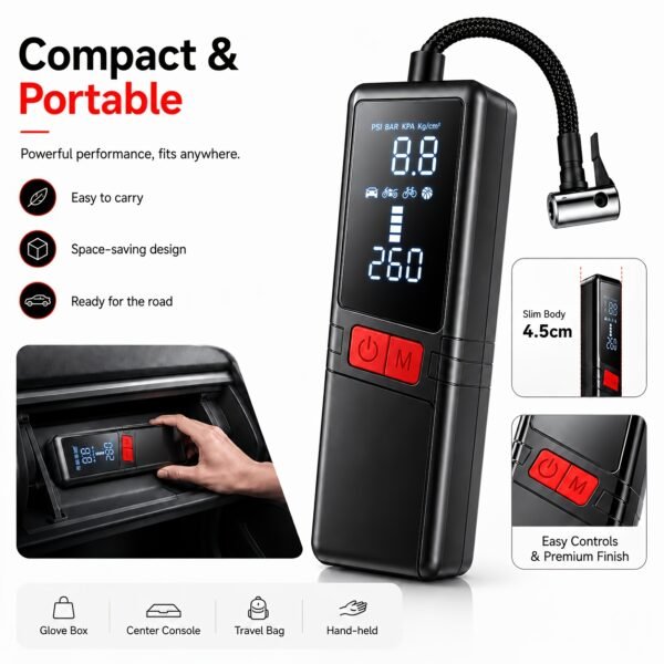 12000APortable Wireless Car Air Compressor Inflator Hand Pump with LED Lighting, Suitable for Cars/motorcycles/bicycles