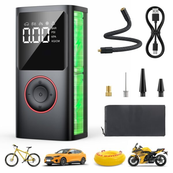 Portable Wireless Tire Inflator, 150PSI High-Pressure Air Compressor, 3x Faster Inflation, Digital Tire Pressure Display, 2000mAh X 2 High-Capacity Batteries, Auto-Stop When Full, Built-in LED Light, Multi-Function Inflation Nozzle