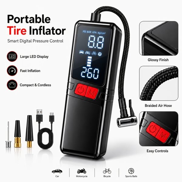 12000APortable Wireless Car Air Compressor Inflator Hand Pump with LED Lighting, Suitable for Cars/motorcycles/bicycles
