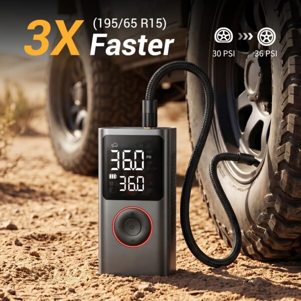 Portable Wireless Tire Inflator, 150PSI High-Pressure Air Compressor, 3x Faster Inflation, Digital Tire Pressure Display, 2000mAh X 2 High-Capacity Batteries, Auto-Stop When Full, Built-in LED Light, Multi-Function Inflation Nozzle