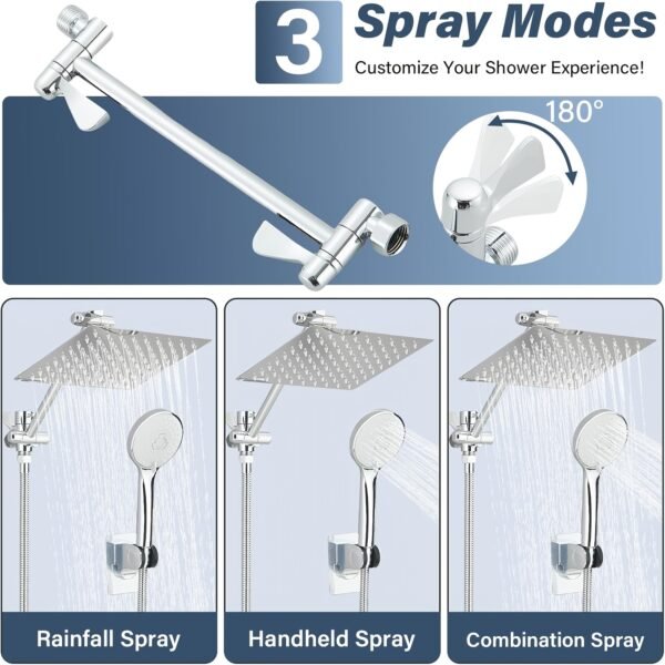 Shower Head, High Pressure Rainfall/Handheld Shower Combo With 15'' Extension Arm, 3 Settings, Anti-Leak Shower Head With Holder, Height/Angle Adjustable, Chrome, Matte Black