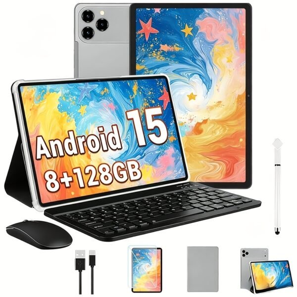 2 in 1 Android 15 Tablet Latest Tablets, 10.1 Inch Tablet 8GB RAM 128GB ROM, 2 in 1 Tablet with Keyboard, Case, Stylus, 8000Mah Long Battery Life, Tablet PC, 5G Wifi, 5MP 16MP Dual Camera, 1280 X 800 FHD IPS Screen, Tablet, Pad, Tablet, Pad