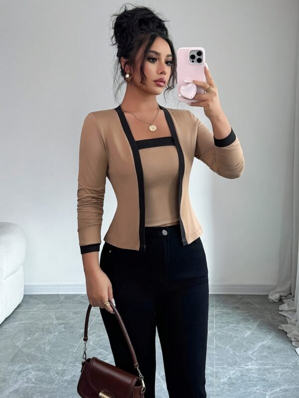 A Two-Piece Set for Women Featuring an Elegant And Stylish Color-Block Cardigan Paired with a Strapless Top