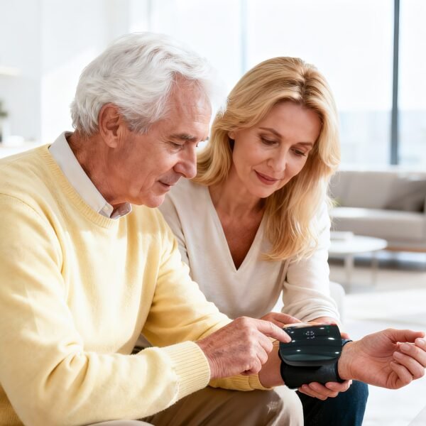 Automatic wrist blood pressure monitor, featuring an adjustable cuff, heart rate monitoring, irregular heartbeat alerts and a built-in rechargeable lithium battery. Suitable for blood pressure management in patients with hypertension.