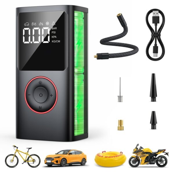 Portable Wireless Tire Inflator, 150PSI High-Pressure Air Compressor, 3x Faster Inflation, Digital Tire Pressure Display, 2000mAh X 2 High-Capacity Batteries, Auto-Stop When Full, Built-in LED Light, Multi-Function Inflation Nozzle