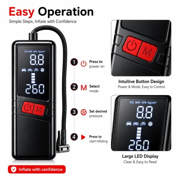 12000APortable Wireless Car Air Compressor Inflator Hand Pump with LED Lighting, Suitable for Cars/motorcycles/bicycles