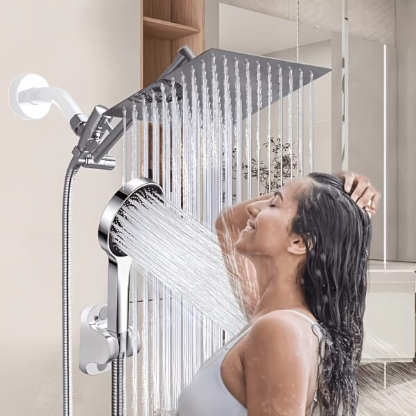 product-fancy-c794f1fc-7581-42ef-b2f3-13ebd53c438a Shower Head, High Pressure Rainfall/Handheld Shower Combo with 13inch Extension Arm, Various Settings, Anti-leak Shower Head with Holder, Height/Angle Adjustable, Chrome, Matte Black