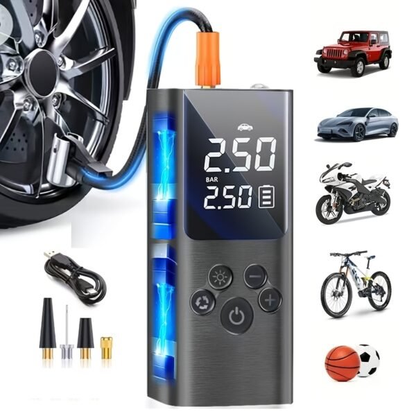 Portable Cordless Tire Inflator with Digital Gauge & LED Light, USB- Rechargeable Fast Air Compressor Suitable for Cars, Bikes, Motorcycles, Sports Equipment, USB- Air Pump for Car Tires, Tires, Emergency Inflation Device