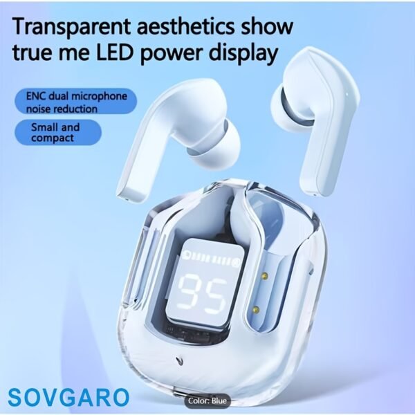 Wireless Earbuds 5.3, 24-Hour Battery Life, LED Power Display Transparent Charging Case, Cute Light Blue In-Ear Headphones, Suitable for Women And Girls, Ideal for Sports, Travel, And More, Compatible with Iphone And Android Devices