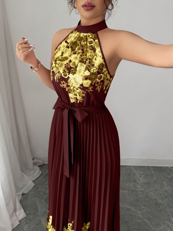 Fashionable New Women'S Summer Halter Floral Print Pleated Dress