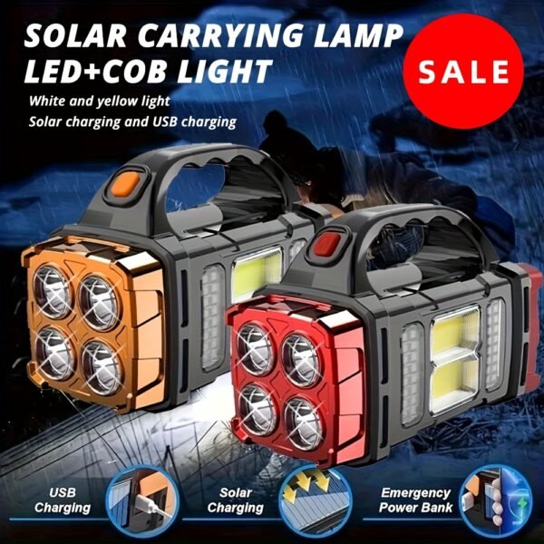 Solar & USB Rechargeable LED Lantern Flashlight, 1800Mah Nickel Battery, Tactical COB Work Light, 4 Modes, Emergency Power Bank Function, Portable for Camping IPX4 Waterproof(1/2pcs Optional)
