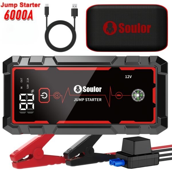 Soulor Car Jump Starter, 3000A to 6000A Portable Starter Power Supply, 2-In-1 Inflatable for All-In-One Multi-Functional Upgraded Version, 12V Quick Start Car, Suitable for All Cars, LED Emergency Lights, Compass, USB Input/Output