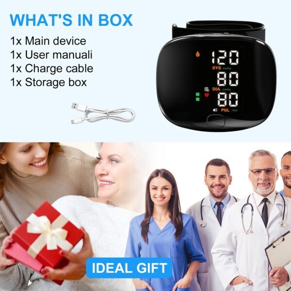 Automatic wrist blood pressure monitor, featuring an adjustable cuff, heart rate monitoring, irregular heartbeat alerts and a built-in rechargeable lithium battery. Suitable for blood pressure management in patients with hypertension.