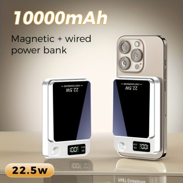 Magnetic Wireless Charging Power Bank, 5000/10000mAh Battery 15W Fast Wireless Charging 22.5W PD Fast Charging Power Bank, 2 Outputs And Dual Input External Battery Pack for Ios 16/15/14/13/12/11 And Other Android Universal