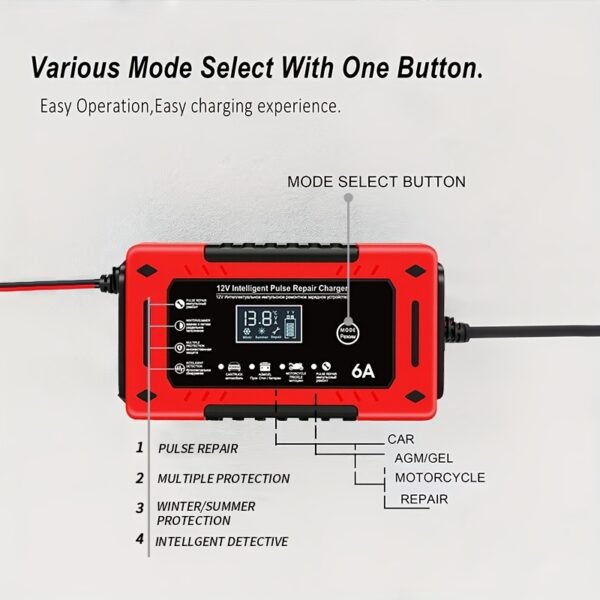 12V 6A Smart Car Battery Chargng with LCD Display Smart Battery Trickle Charging Automotive Battery, Temperature Compensation - for Car, Truck, RV, Motorcycle, Lead Acid Batteries, Without Battery