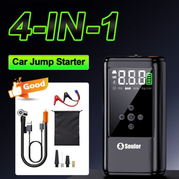 Soulor Car Jump Starter, 3000A to 6000A Portable Starter Power Supply, 2-In-1 Inflatable for All-In-One Multi-Functional Upgraded Version, 12V Quick Start Car, Suitable for All Cars, LED Emergency Lights, Compass, USB Input/Output