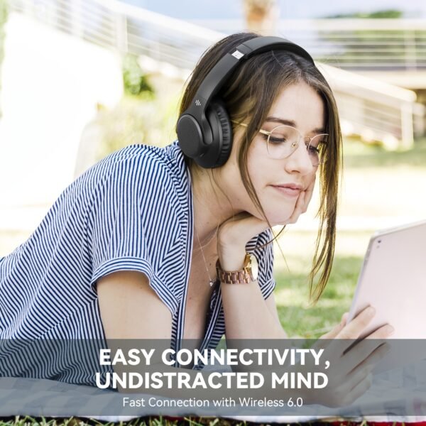 KVIDIO Bluetooth 6.0 Wireless Headphones, 65 Hours Playtime, Sealed Type, Microphone Included, Soft Earmuffs &Light Weight for Prolonged Waring for PC/Travel/School/iPad