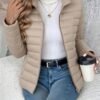 Women's Spring Slim-Fit Lightweight Warm Solid Color Jacket - Elegant, Stylish, and Versatile Beautiful Jacket - Stand Collar Zipper Long Sleeve - Casual Padded Polyester Fiber Cropped Coat - Seasonal Transition Jacket - High-Quality Classic Popular