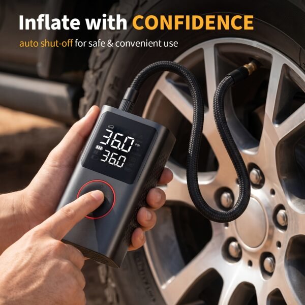 Portable Wireless Tire Inflator, 150PSI High-Pressure Air Compressor, 3x Faster Inflation, Digital Tire Pressure Display, 2000mAh X 2 High-Capacity Batteries, Auto-Stop When Full, Built-in LED Light, Multi-Function Inflation Nozzle