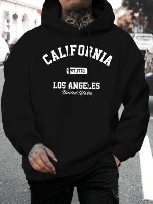 Men'S New Fashion United States Los Angeles California EST.1776 Letter Print Casual Sweatshirt Trendy Drawstring Hoodie Fall Winter Top Comfortable Versatile Long Sleeve Hooded Sweater