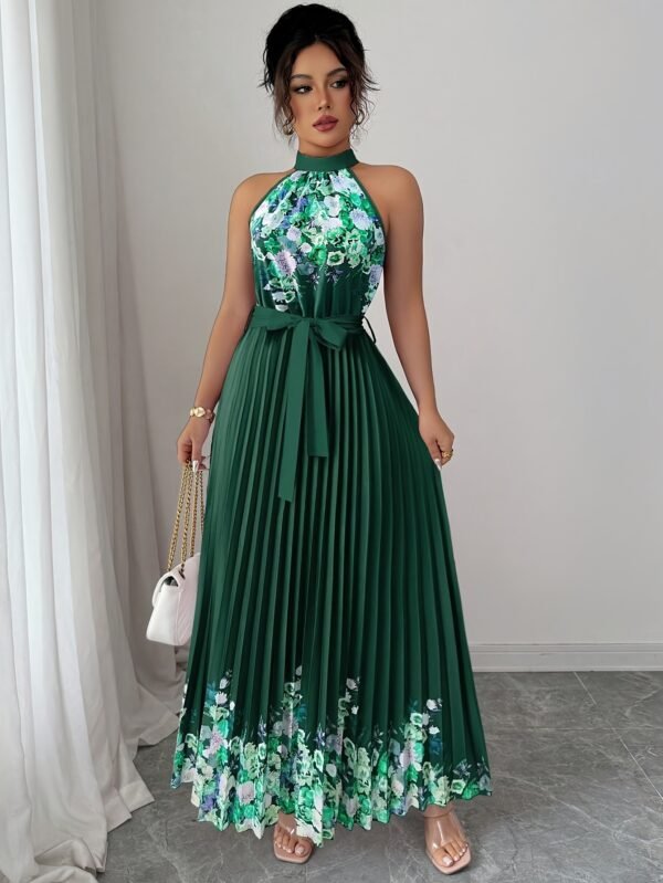 Fashionable New Women'S Summer Halter Floral Print Pleated Dress