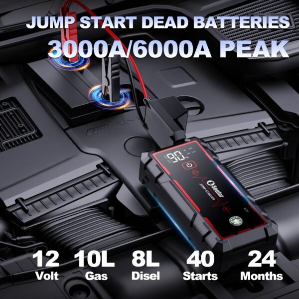 Soulor Car Jump Starter, 3000A to 6000A Portable Starter Power Supply, 2-In-1 Inflatable for All-In-One Multi-Functional Upgraded Version, 12V Quick Start Car, Suitable for All Cars, LED Emergency Lights, Compass, USB Input/Output